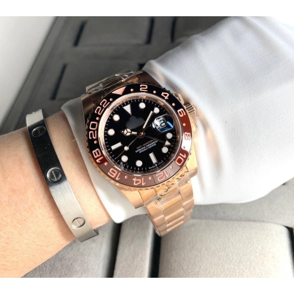 READY STOCK UPGRADED  LUXURY NEW MODEL GMT ROSEGOLD AUTOMATIC GMT 40 MM MEN WATCH