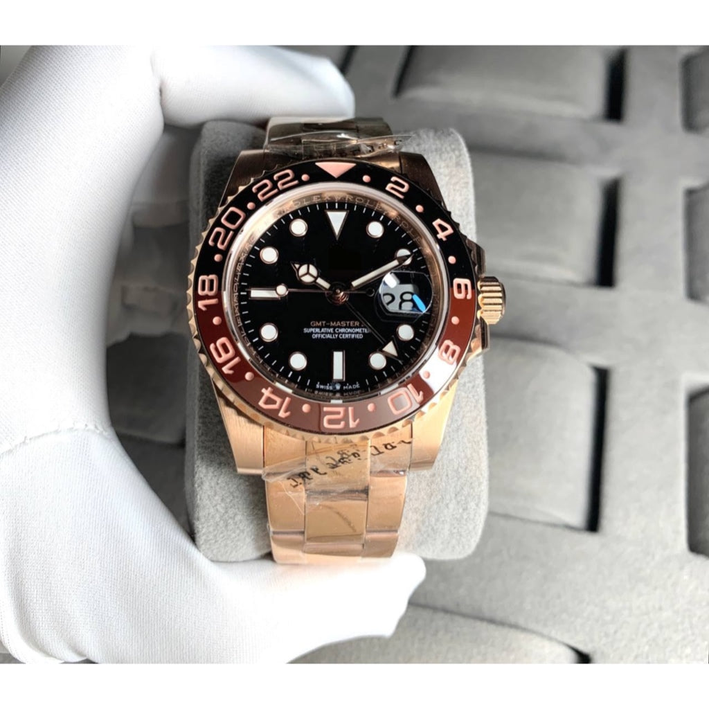 READY STOCK UPGRADED  LUXURY NEW MODEL GMT ROSEGOLD AUTOMATIC GMT 40 MM MEN WATCH